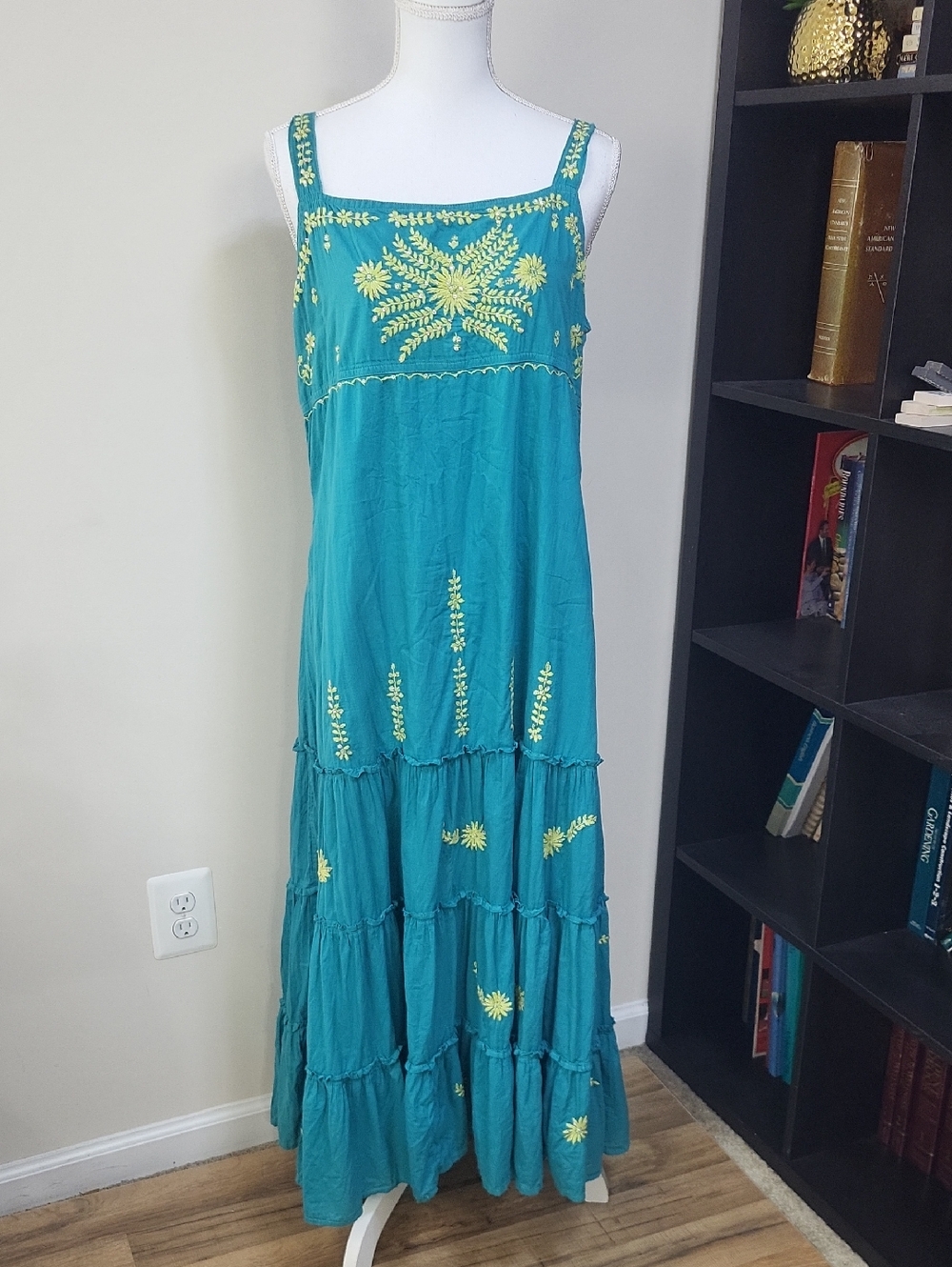 PAPILLON Turquoise Blue Lime Green Embrpidered Sleeveless Tiered Maxi Dress
